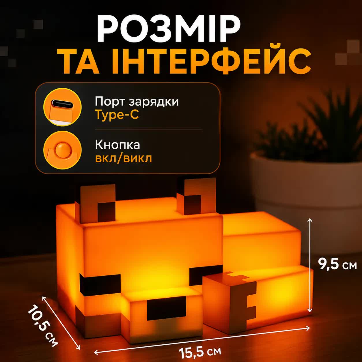 Розміри та інтерфейс нічника Minecraft Лис — USB Type-C, кнопка вкл/викл