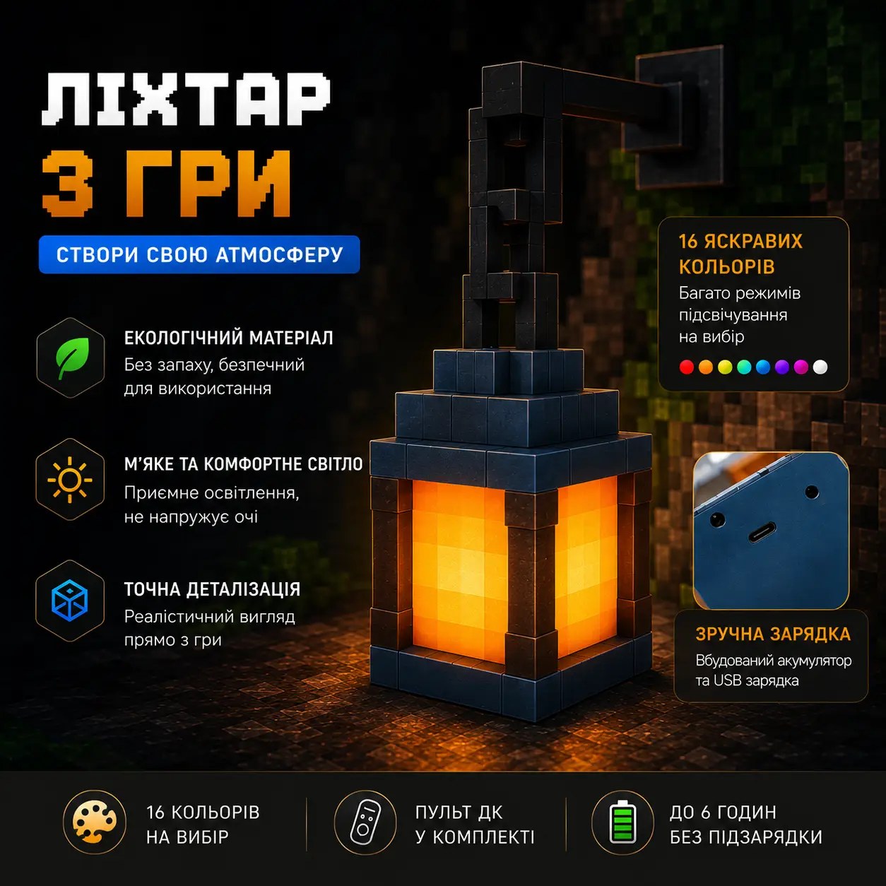 Нічник Minecraft — еко-матеріал, м'яке світло, зручна USB-зарядка