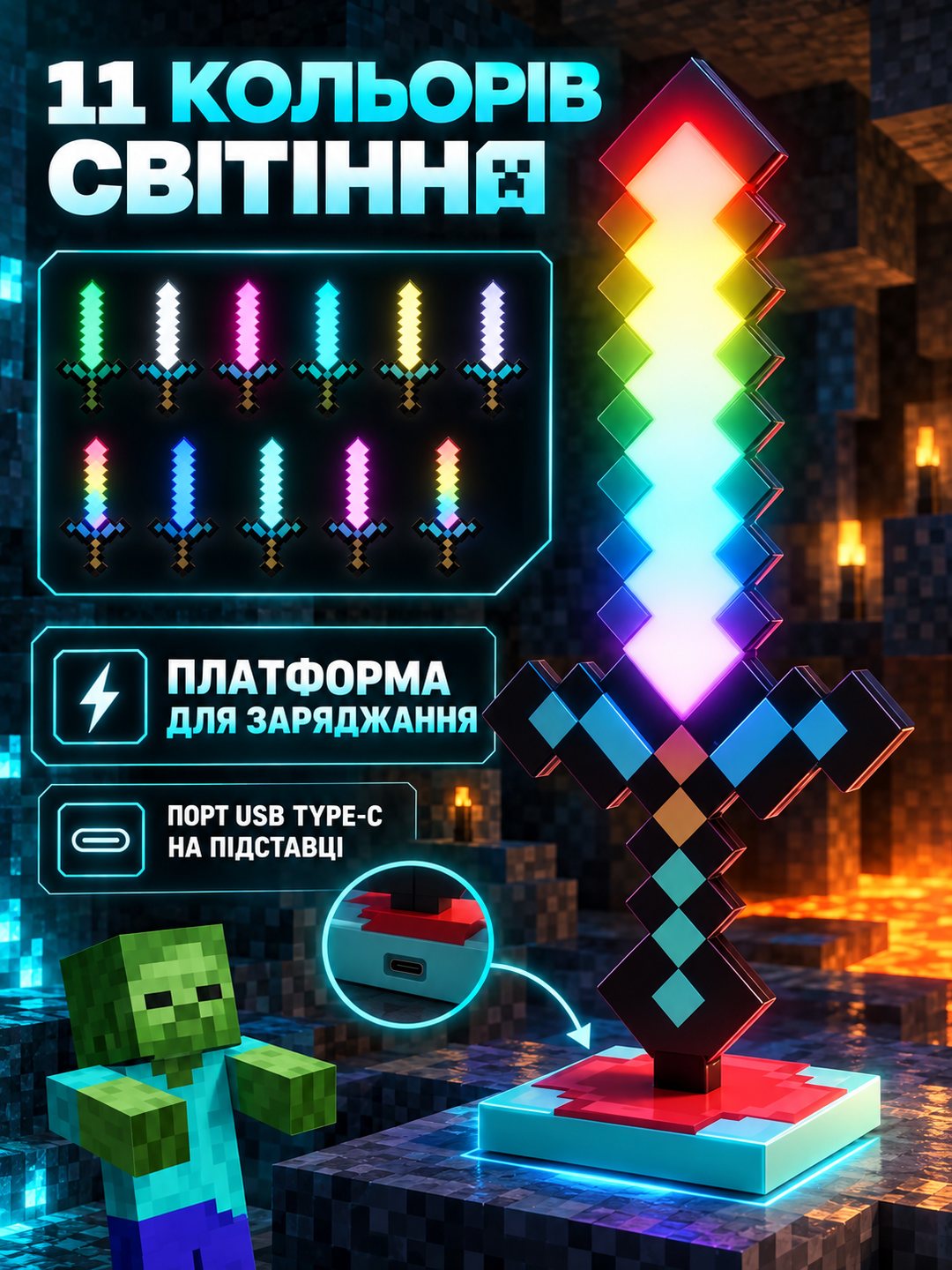 Нічник-меч Minecraft — кольори світіння, платформа для заряджання