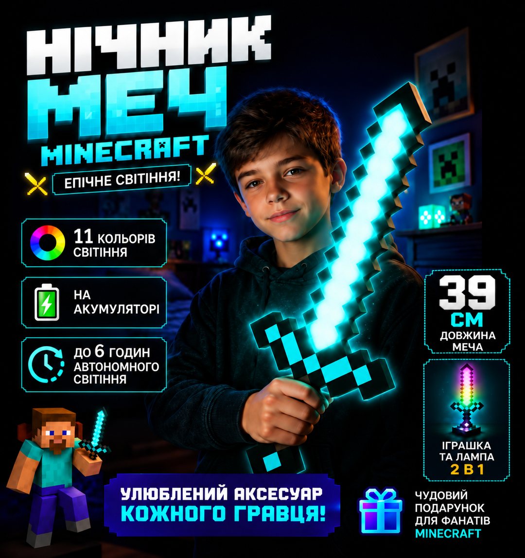 Нічник-меч Minecraft Diamond Sword — 8 кольорів світіння, на акумуляторі