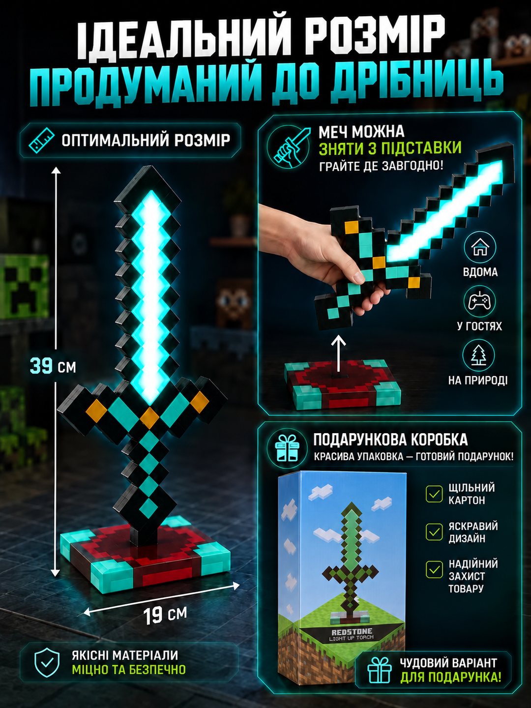 Розміри нічника-меча Minecraft та подарункова коробка