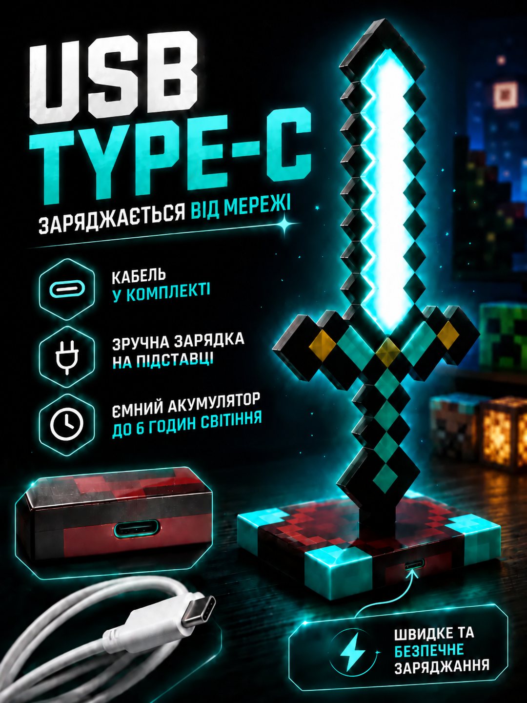 Нічник-меч Minecraft — заряджання USB Type-C на підставці
